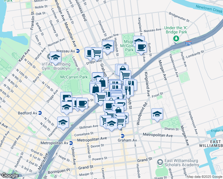 map of restaurants, bars, coffee shops, grocery stores, and more near 447 Meeker Avenue in Brooklyn