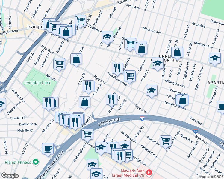 map of restaurants, bars, coffee shops, grocery stores, and more near 138 Fabyan Place in Newark