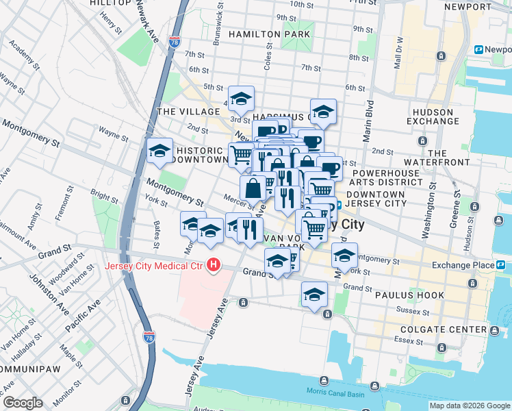 map of restaurants, bars, coffee shops, grocery stores, and more near 118 Mercer Street in Jersey City