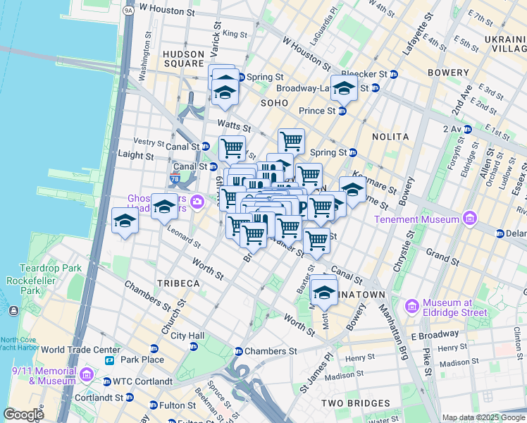 map of restaurants, bars, coffee shops, grocery stores, and more near 407 Broadway in New York