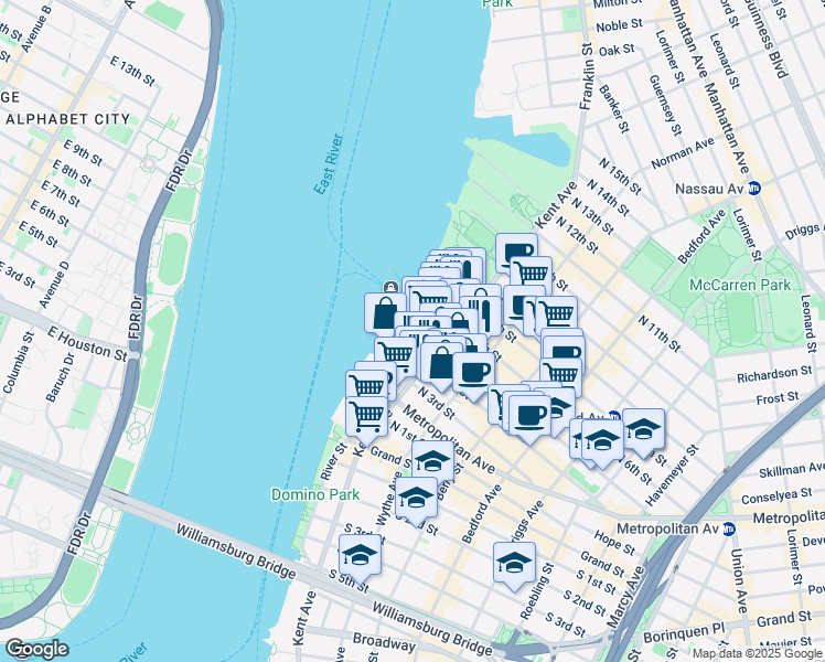 map of restaurants, bars, coffee shops, grocery stores, and more near 151 Kent Avenue in Brooklyn