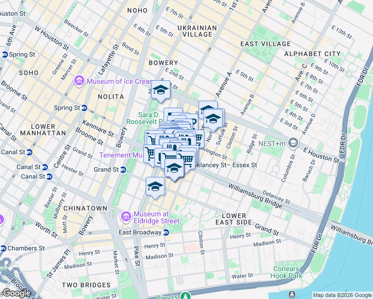 map of restaurants, bars, coffee shops, grocery stores, and more near 96 Delancey Street in New York