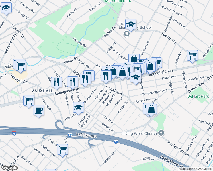 map of restaurants, bars, coffee shops, grocery stores, and more near 366 Oswald Place in Union