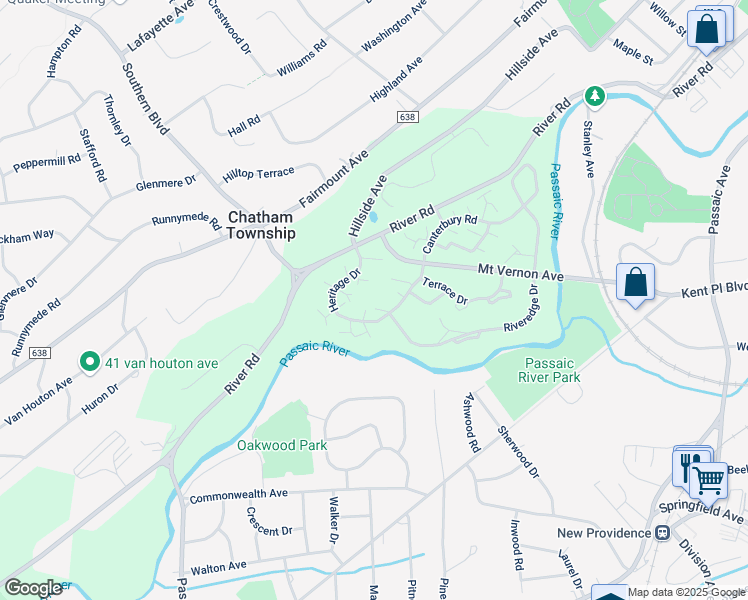 map of restaurants, bars, coffee shops, grocery stores, and more near 6 Heritage Drive in Chatham Township