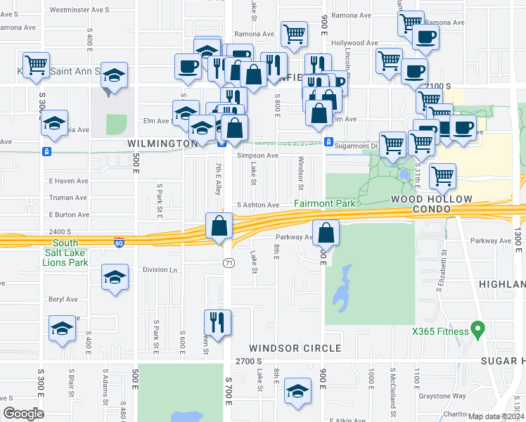 map of restaurants, bars, coffee shops, grocery stores, and more near 2392 8th East in Salt Lake City