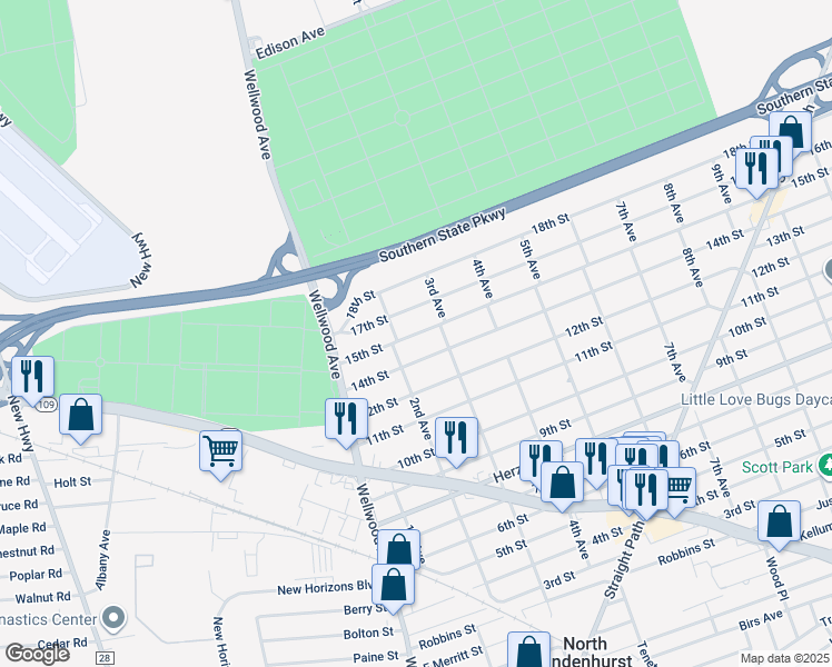 map of restaurants, bars, coffee shops, grocery stores, and more near 212 14th Street in West Babylon