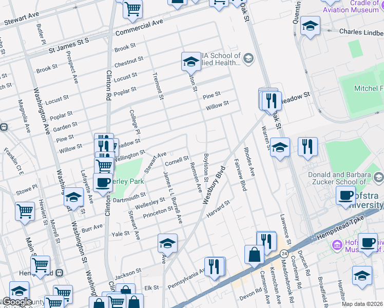 map of restaurants, bars, coffee shops, grocery stores, and more near 73 Remsen Avenue in Hempstead
