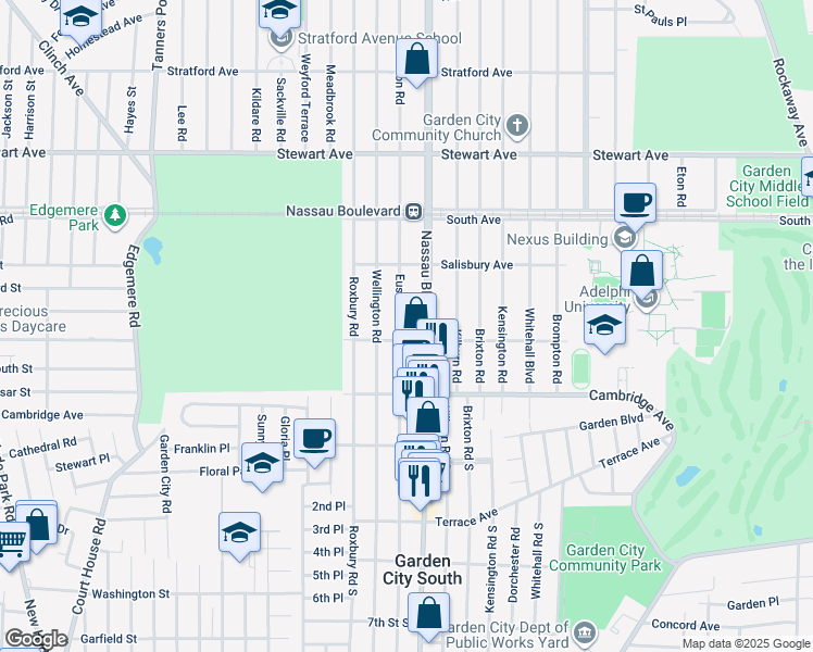 map of restaurants, bars, coffee shops, grocery stores, and more near 108 Chester Avenue in Garden City