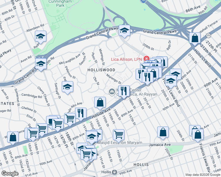 map of restaurants, bars, coffee shops, grocery stores, and more near 196-15 Dunton Avenue in Queens