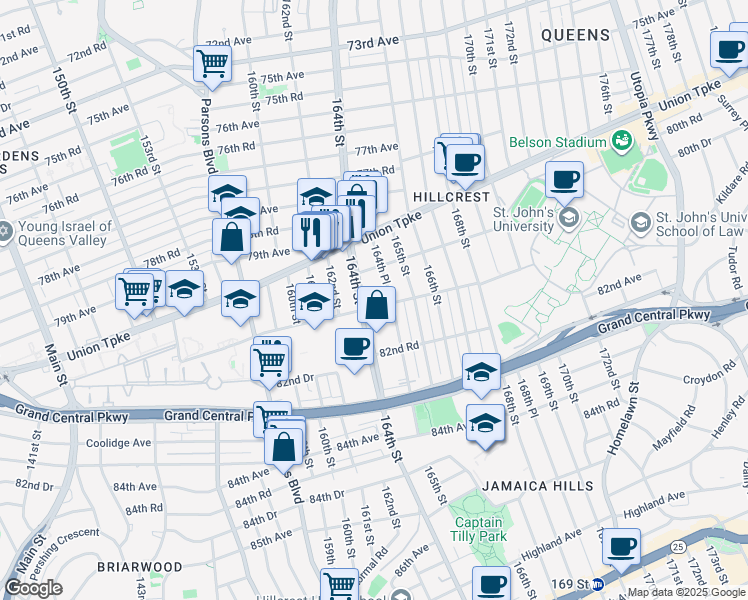 map of restaurants, bars, coffee shops, grocery stores, and more near 82-12 164th Place in Queens