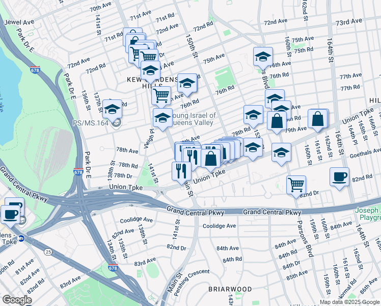 map of restaurants, bars, coffee shops, grocery stores, and more near 156-33 79th Avenue in Queens
