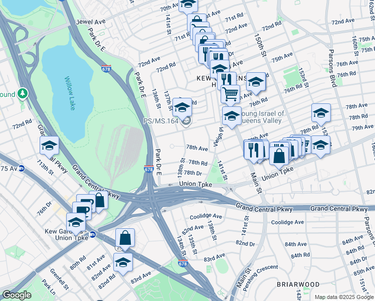 map of restaurants, bars, coffee shops, grocery stores, and more near 138-21 78th Road in Queens