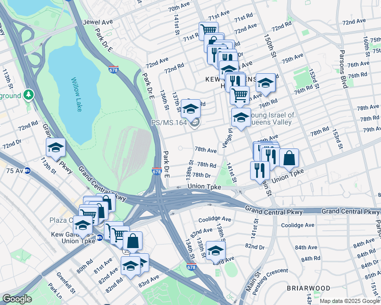 map of restaurants, bars, coffee shops, grocery stores, and more near 135-37 78th Road in Queens