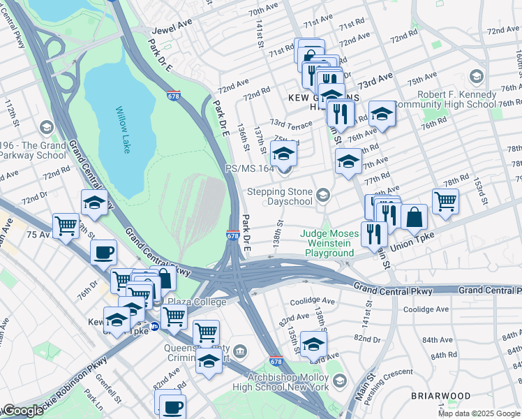 map of restaurants, bars, coffee shops, grocery stores, and more near 135-37 78th Road in Queens
