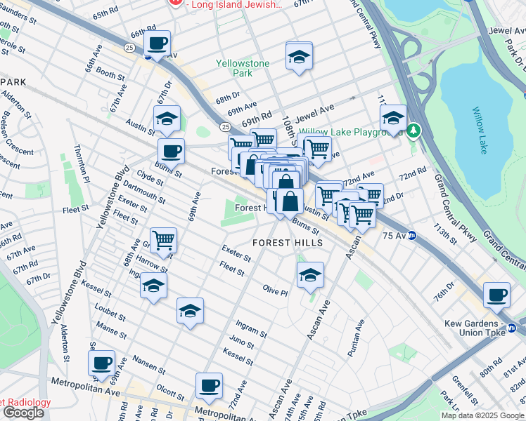 map of restaurants, bars, coffee shops, grocery stores, and more near 70-55 Dartmouth Street in Queens