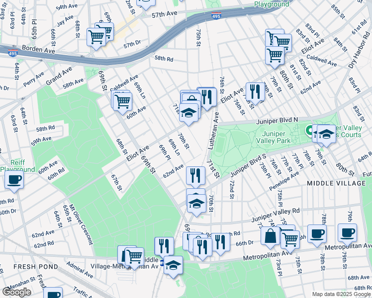 map of restaurants, bars, coffee shops, grocery stores, and more near 61-72 70th Street in Queens