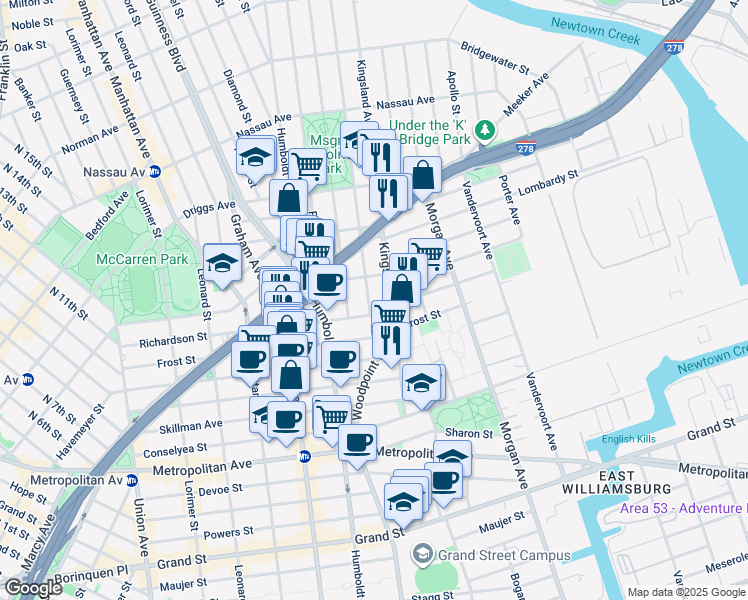 map of restaurants, bars, coffee shops, grocery stores, and more near 252 Richardson Street in Brooklyn