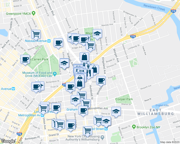 map of restaurants, bars, coffee shops, grocery stores, and more near 177 Richardson Street in Brooklyn