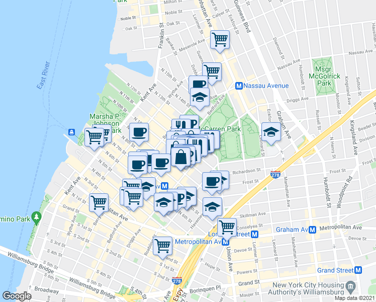 map of restaurants, bars, coffee shops, grocery stores, and more near 460 Driggs Avenue in Brooklyn