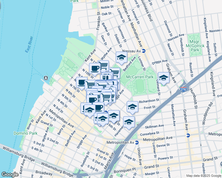 map of restaurants, bars, coffee shops, grocery stores, and more near 167 North 9th Street in Brooklyn