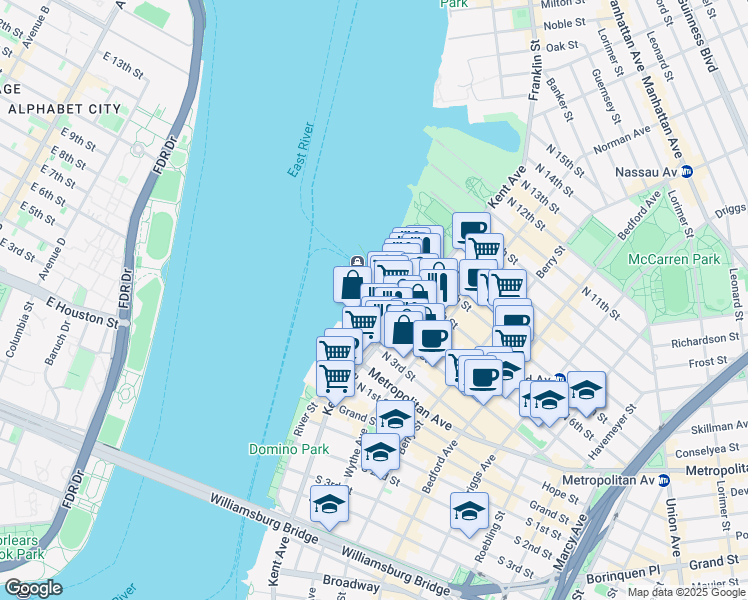 map of restaurants, bars, coffee shops, grocery stores, and more near 184 Kent Avenue in Brooklyn