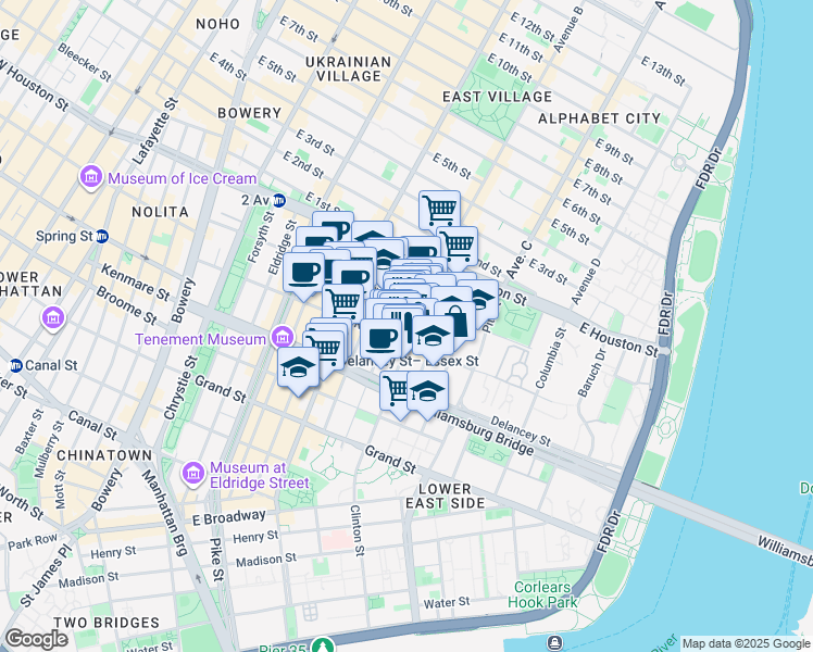 map of restaurants, bars, coffee shops, grocery stores, and more near 42 Clinton Street in New York