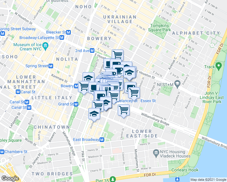 map of restaurants, bars, coffee shops, grocery stores, and more near in New York