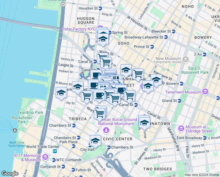 map of restaurants, bars, coffee shops, grocery stores, and more near 39 Walker Street in New York