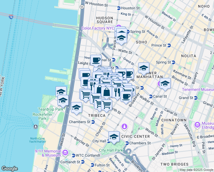map of restaurants, bars, coffee shops, grocery stores, and more near in New York