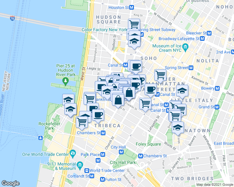 map of restaurants, bars, coffee shops, grocery stores, and more near in New York