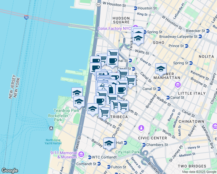 map of restaurants, bars, coffee shops, grocery stores, and more near 361 Greenwich Street in New York