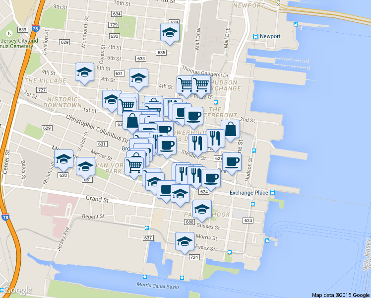 map of restaurants, bars, coffee shops, grocery stores, and more near 68 Christopher Columbus Drive in Jersey City