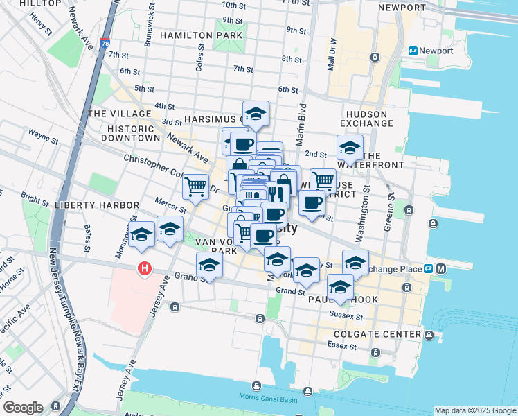 map of restaurants, bars, coffee shops, grocery stores, and more near in Jersey City