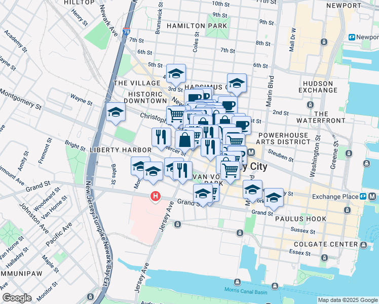 map of restaurants, bars, coffee shops, grocery stores, and more near 474 Jersey Avenue in Jersey City