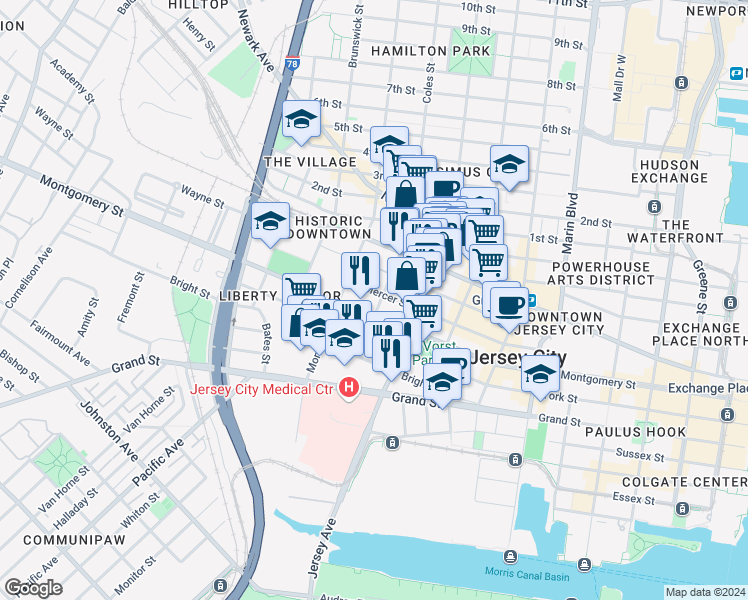 map of restaurants, bars, coffee shops, grocery stores, and more near 304 Varick Street in Jersey City