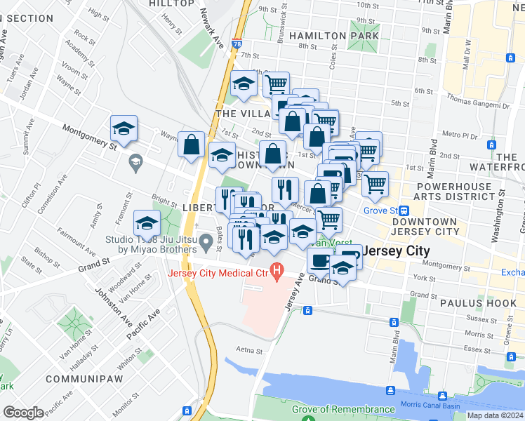 map of restaurants, bars, coffee shops, grocery stores, and more near 420 Grand Street in Jersey City