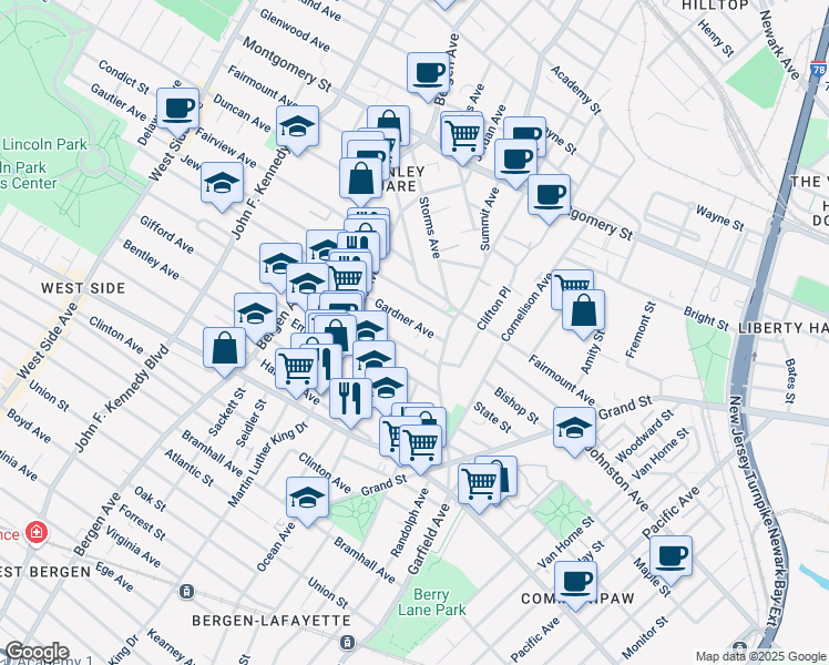 map of restaurants, bars, coffee shops, grocery stores, and more near 21 Belmont Avenue in Jersey City