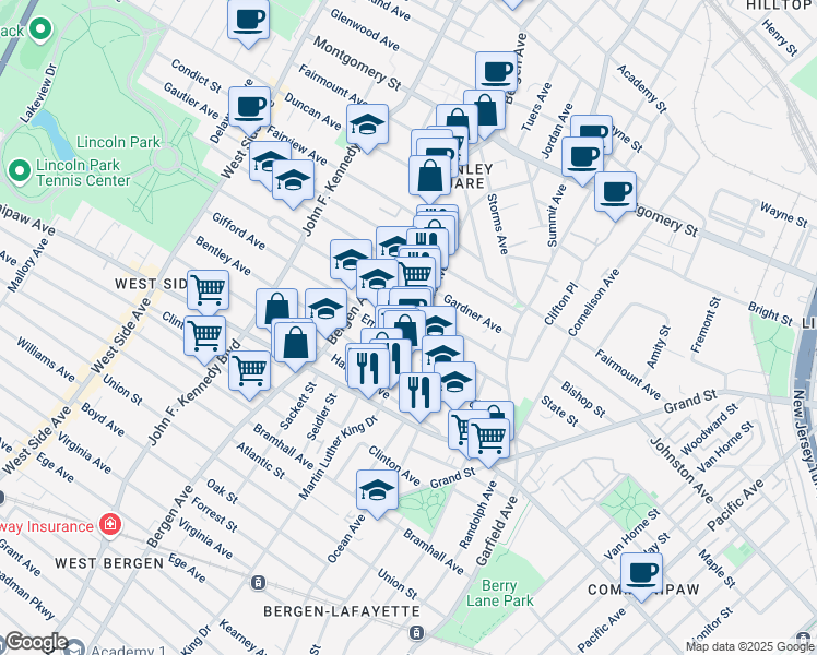 map of restaurants, bars, coffee shops, grocery stores, and more near in Jersey City