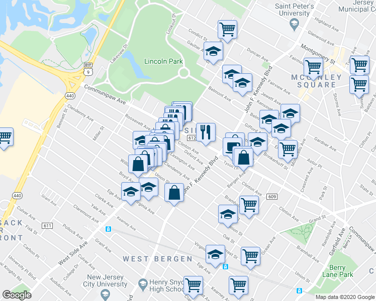 map of restaurants, bars, coffee shops, grocery stores, and more near 90 Lexington Avenue in Jersey City