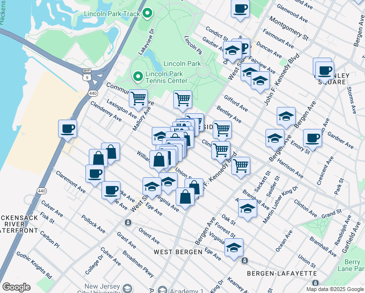 map of restaurants, bars, coffee shops, grocery stores, and more near 525 West Side Avenue in Jersey City