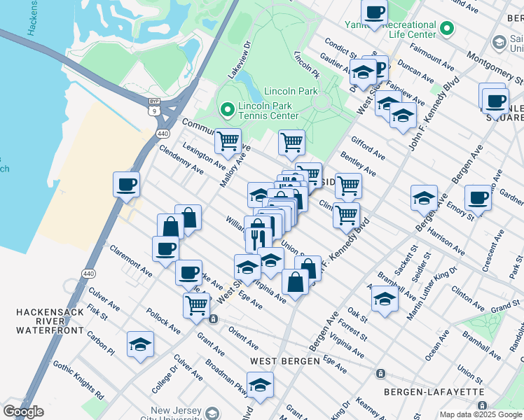 map of restaurants, bars, coffee shops, grocery stores, and more near 363 Union Street in Jersey City