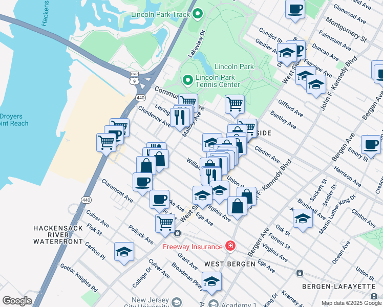 map of restaurants, bars, coffee shops, grocery stores, and more near 59 Williams Avenue in Jersey City