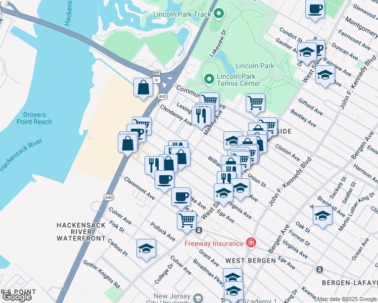 map of restaurants, bars, coffee shops, grocery stores, and more near 209 Boyd Avenue in Jersey City