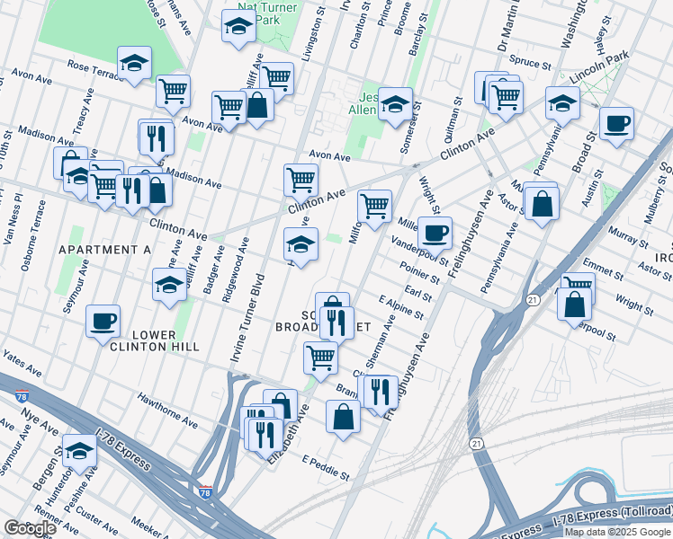 map of restaurants, bars, coffee shops, grocery stores, and more near 40-80 Johnson Avenue in Newark