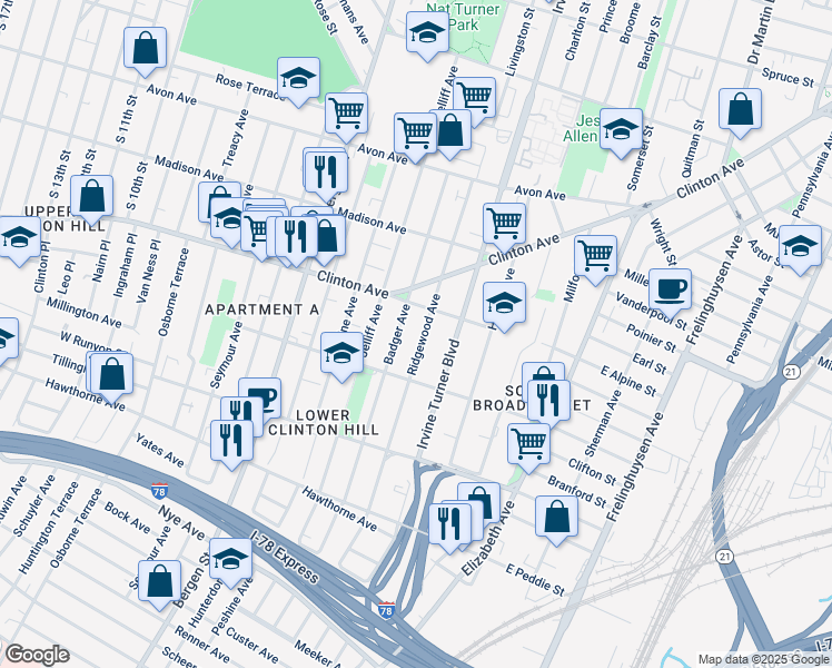 map of restaurants, bars, coffee shops, grocery stores, and more near 134 Ridgewood Avenue in Newark