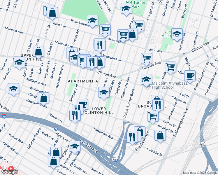 map of restaurants, bars, coffee shops, grocery stores, and more near 229 Badger Avenue in Newark