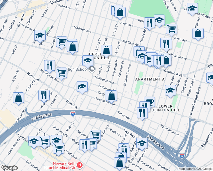map of restaurants, bars, coffee shops, grocery stores, and more near 274 West Runyon Street in Newark