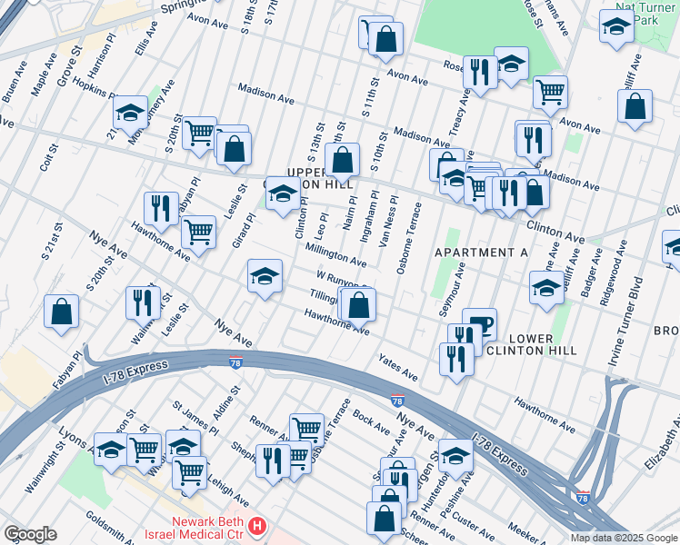 map of restaurants, bars, coffee shops, grocery stores, and more near 274 West Runyon Street in Newark