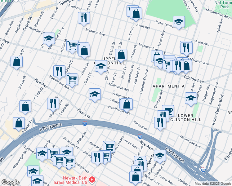 map of restaurants, bars, coffee shops, grocery stores, and more near 67 Tillinghast Street in Newark