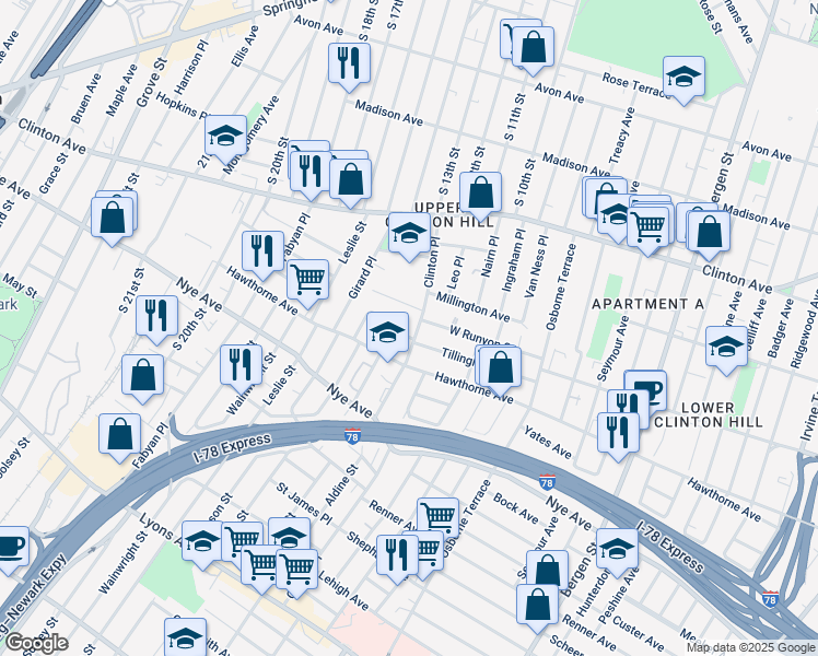 map of restaurants, bars, coffee shops, grocery stores, and more near in Newark
